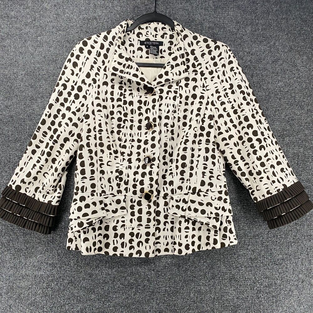 etcetea Blazer Jacket Women 8 White Black Button Up Ruffle Formal Cocktail Artsy